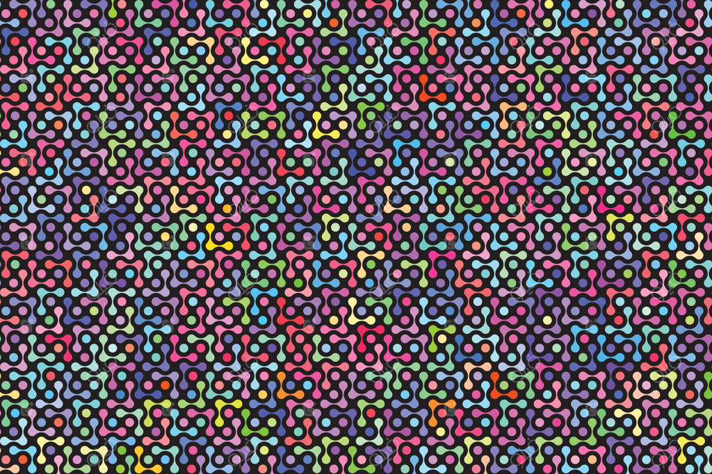 پترن تصاویر: سبک هندسی انتزاعی. تکرار رنگ‌های متنوع در اشکال دایره‌ای روی پس‌زمینه سیاه.