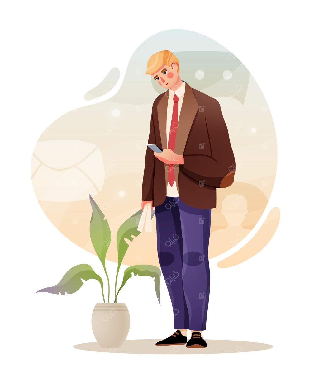 تاجر ناراحت در حال نگاه کردن به گوشی هوشمند - تصویر وکتور