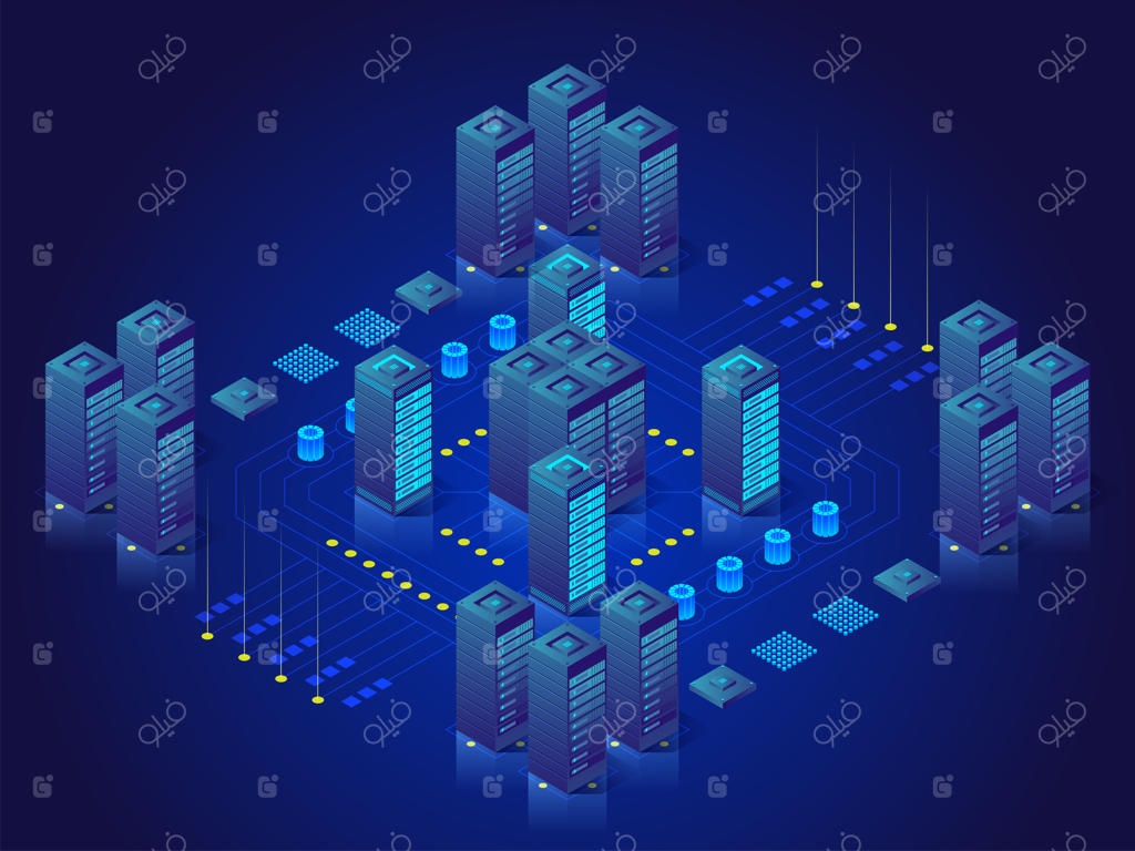 مفهوم پردازش داده‌های کلان، ایستگاه انرژی آینده، رک سرور، تصویر ایزومتریک مرکز داده‌ها