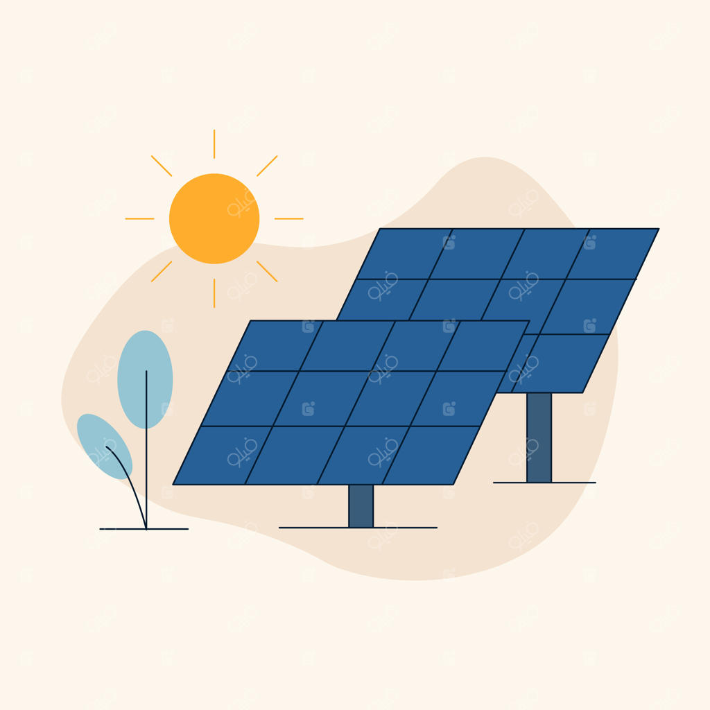 پنل‌های خورشیدی در حال جذب نور خورشید در کنار خورشید و گیاه