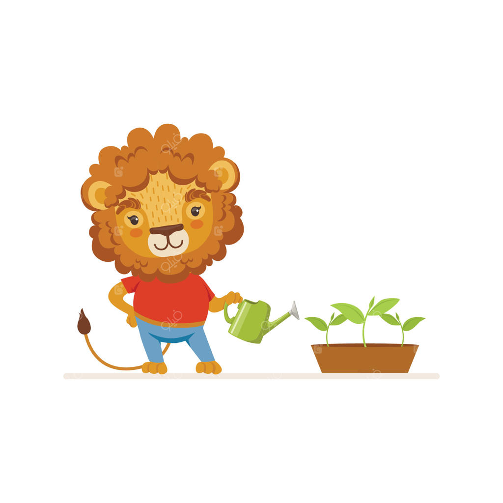 شیر باغبان بامزه در حال آب دادن به گیاه با آب‌پاش - تصویرسازی