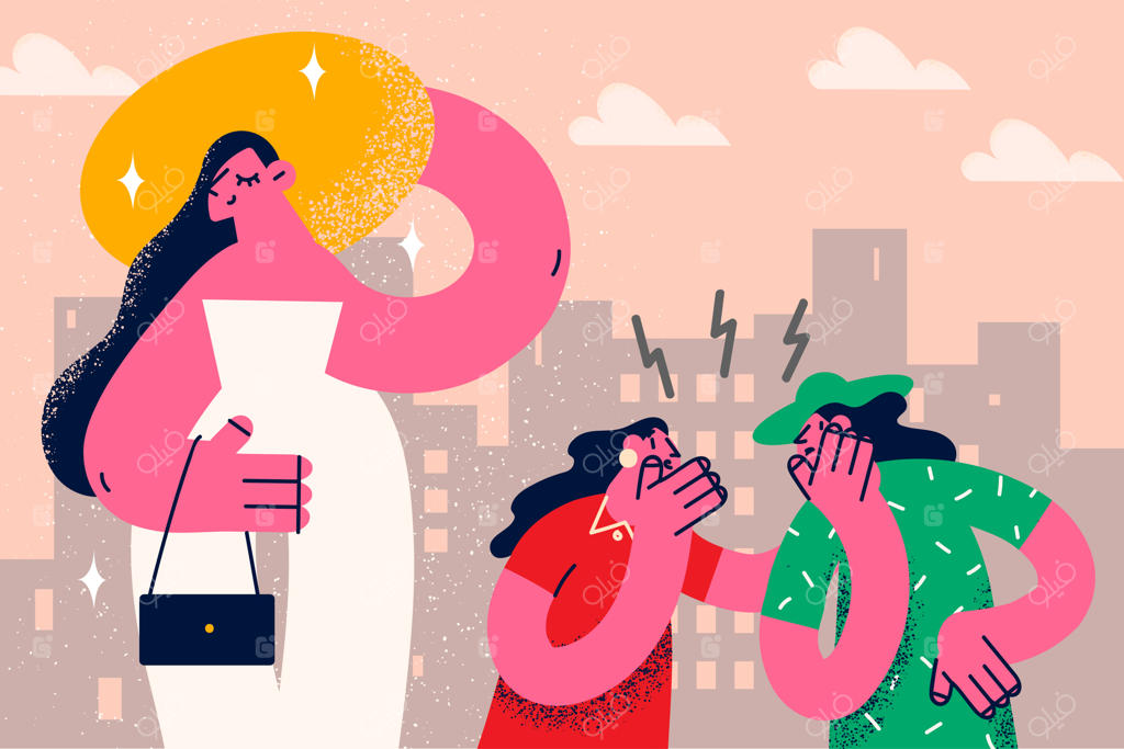 زنان درباره دوست موفق و ثروتمندشان که شاد و خوش‌ظاهر است غیبت می‌کنند. آنها شایعاتی درباره برخورد موفق و بااعتماد به نفس او پخش می‌کنند و حسادت می‌کنند. حسادت و محبوبیت.  تصویرسازی برداری.