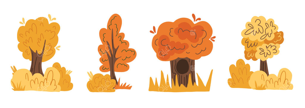 مجموعه‌ای از درختان پاییزی با برگ‌های زرد و نارنجی و بوته‌ها. ایده‌آل برای طراحی‌های فصلی، تم‌های طبیعت، تصاویر کودکانه و پس‌زمینه‌ها.