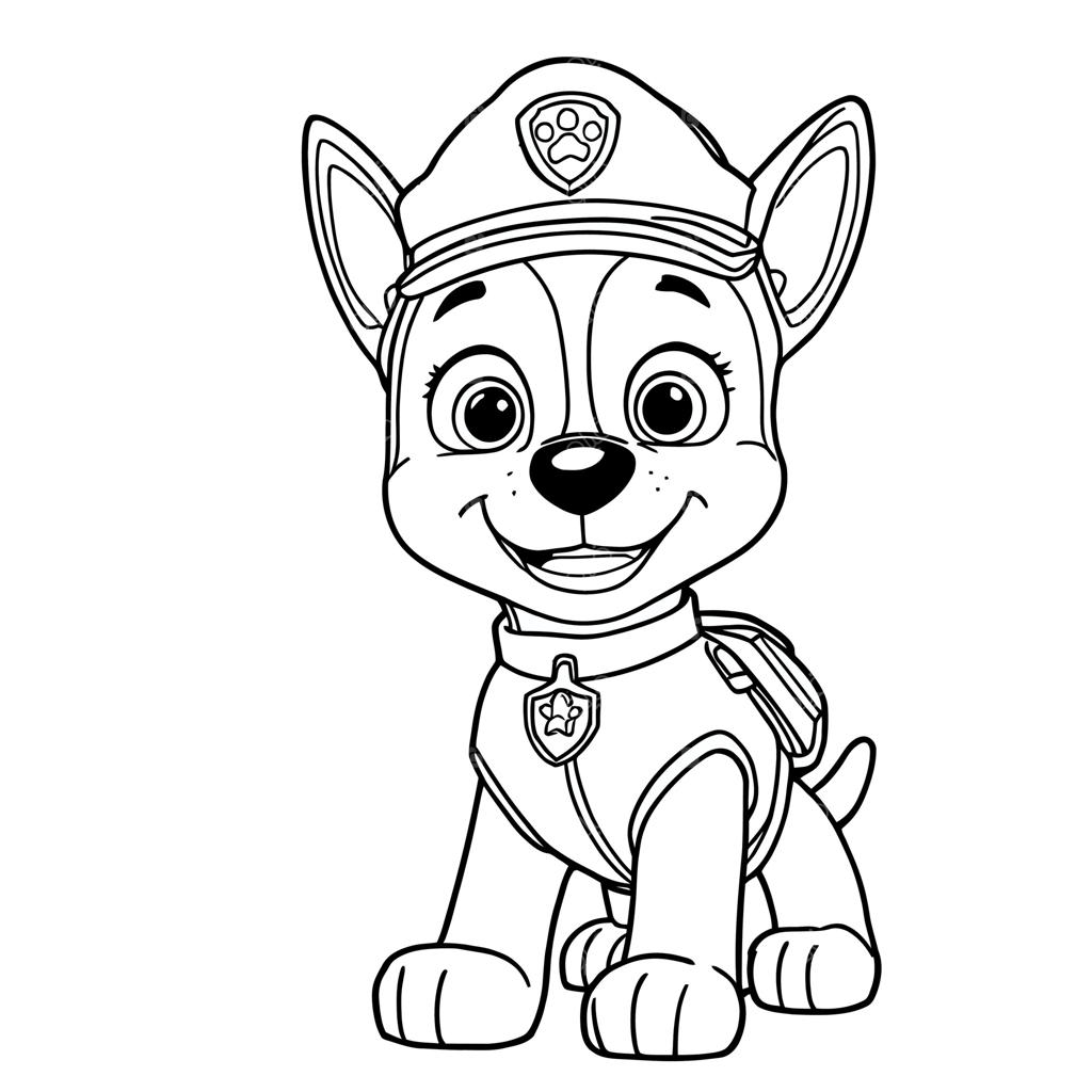 صفحه رنگ‌آمیزی شخصیت توله سگ بامزه با لباس فرم و کلاه، نشسته و لبخند می‌زند