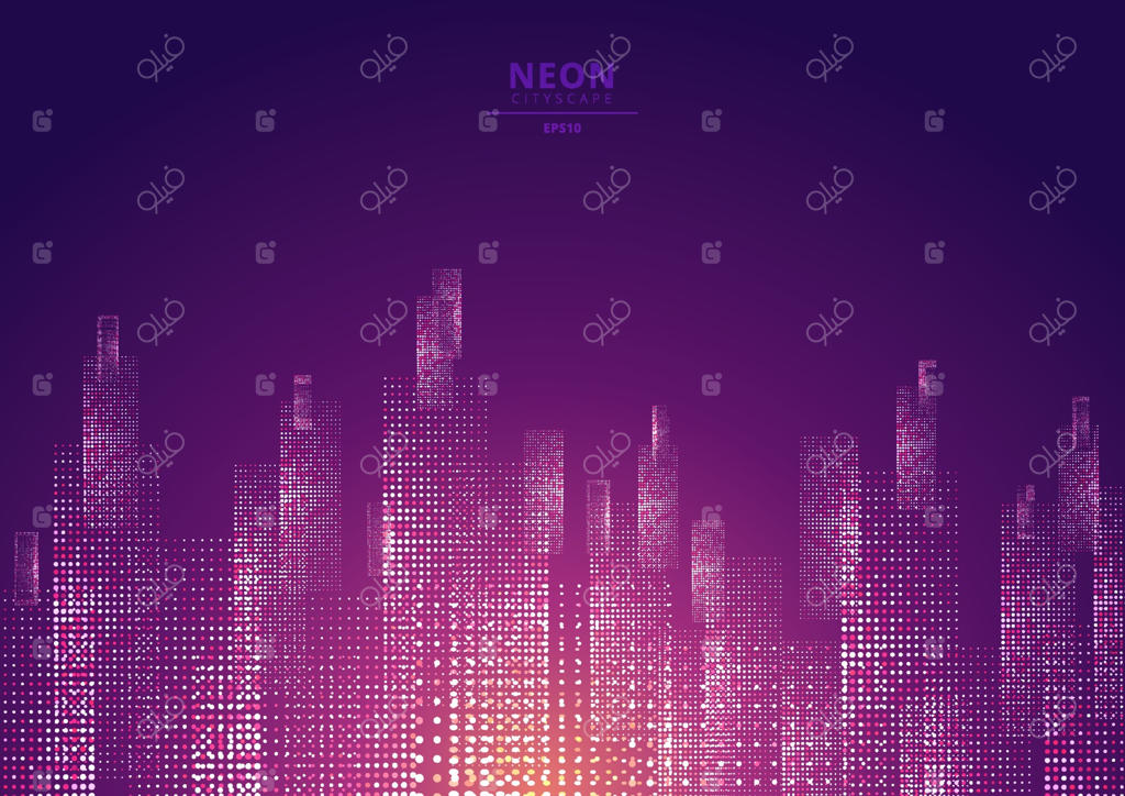تصویری از شهر در زمینه‌ای تاریک با نورهای نئونی بنفش و زرد درخشان.