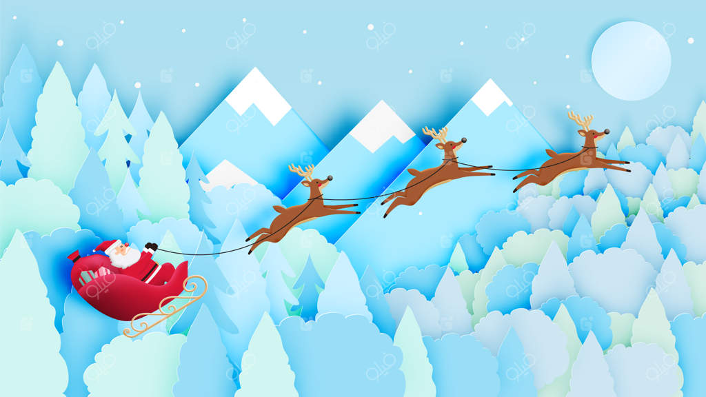 بابانوئل روی سورتمه در آسمانی زیبا به سبک هنر کاغذی