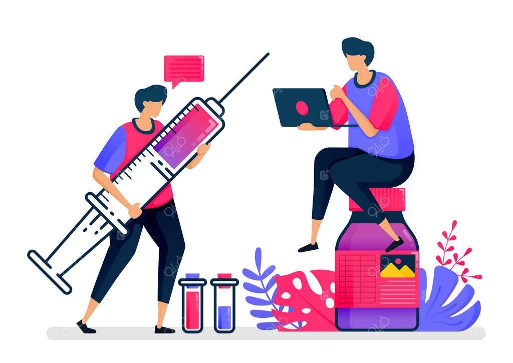 تصویرسازی ساده از واکسن‌ها و داروهای مایع برای بیماران، بیمارستان‌ها و بهداشت عمومی. طراحی برای مراقبت‌های بهداشتی.