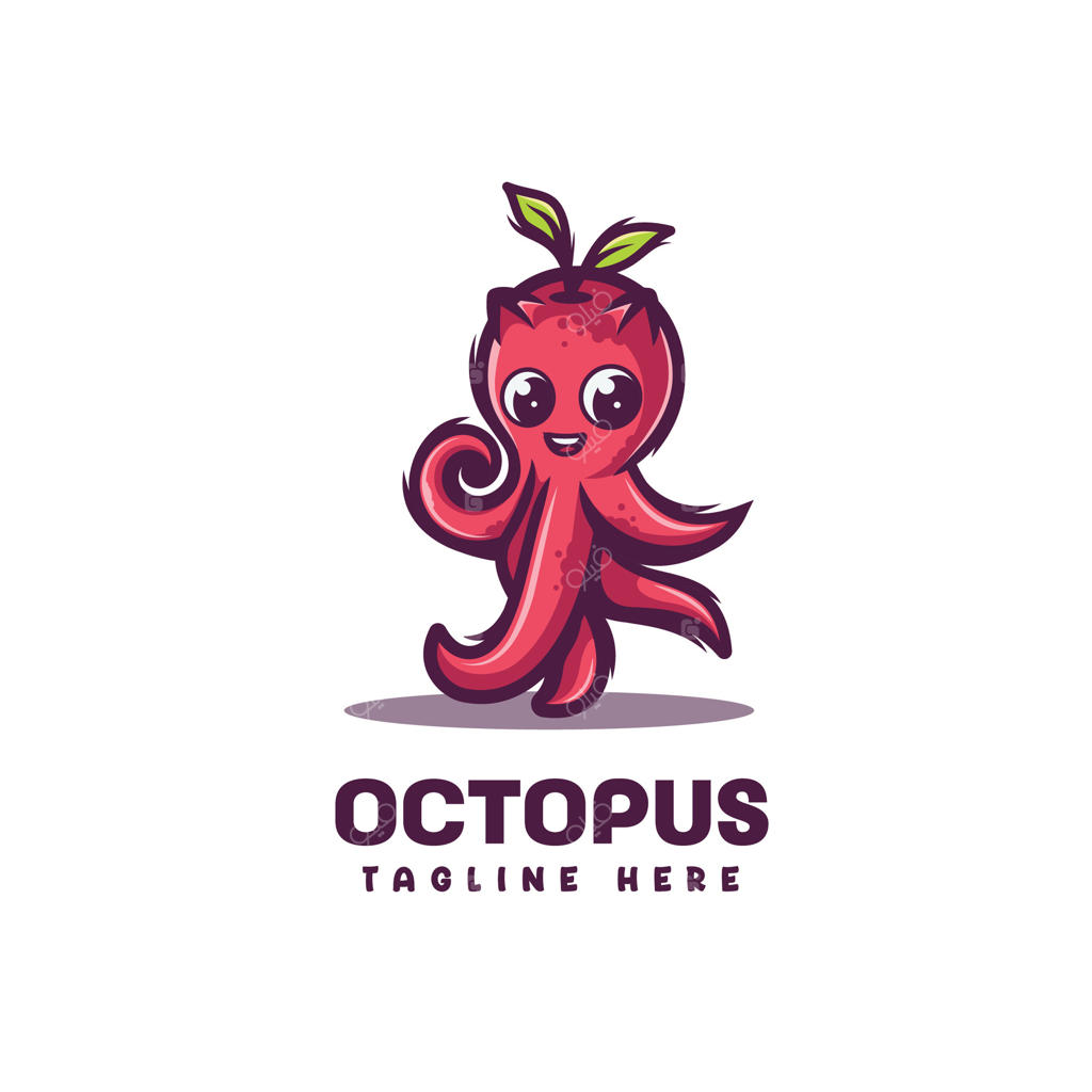 تصویر کارتونی شاد اختاپوس، بازیگوش و قرمز برای طراحی لوگوی برند غذایی.