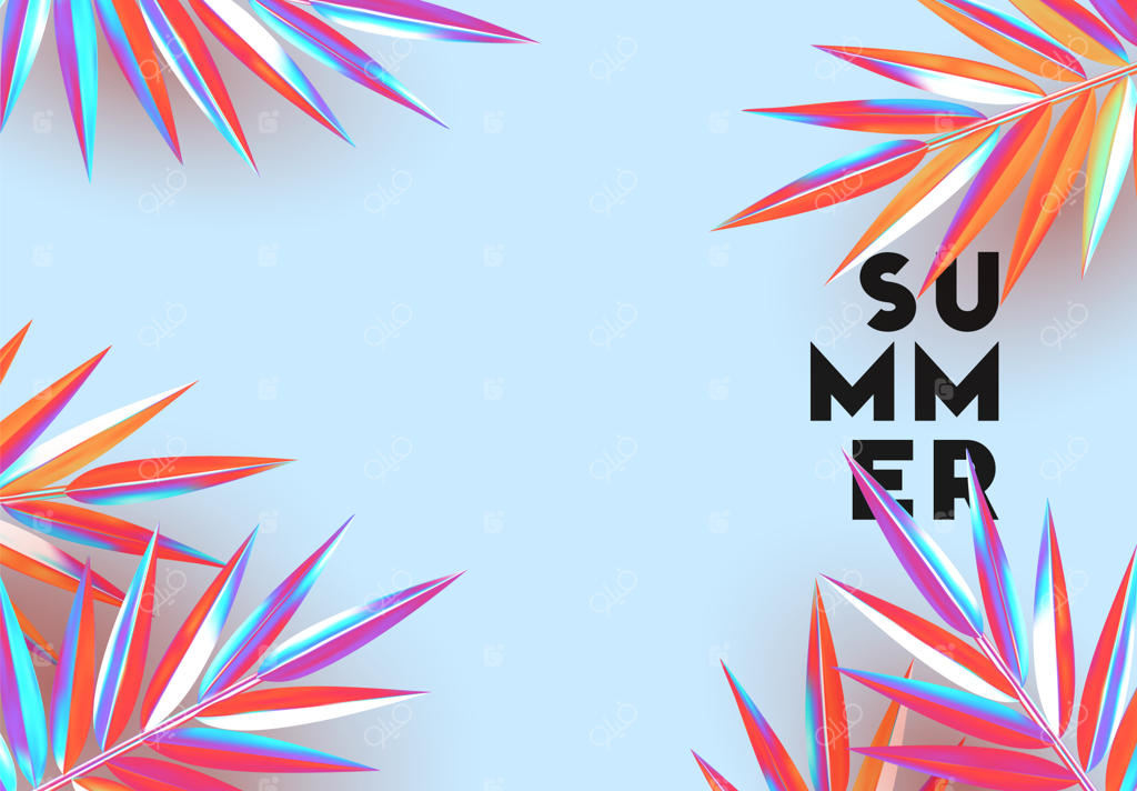 زمینه‌ای با شاخه‌های برگ نخل در رنگ‌های گرادیان. بنر تابستانی با اشیاء سه‌بعدی در سایه‌های فلورسنت.