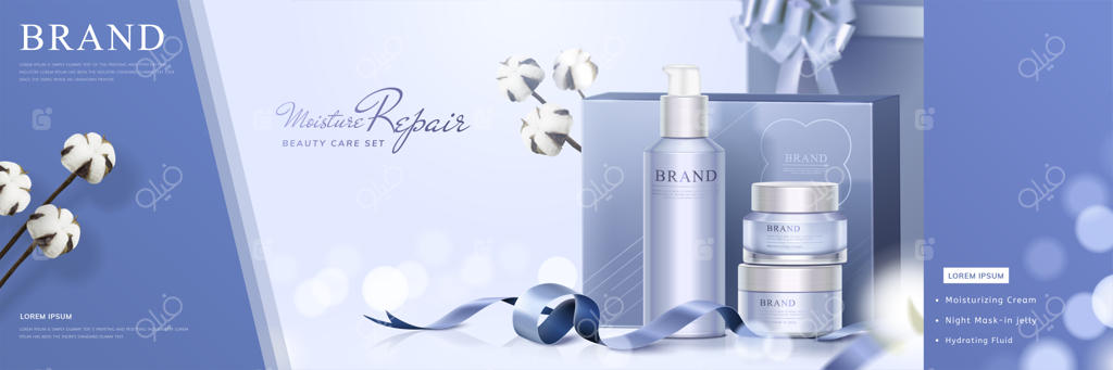 بنر ست هدیه مراقبت از پوست با پنبه و روبان در پس زمینه‌ای با نور براق و سبک سه‌بعدی