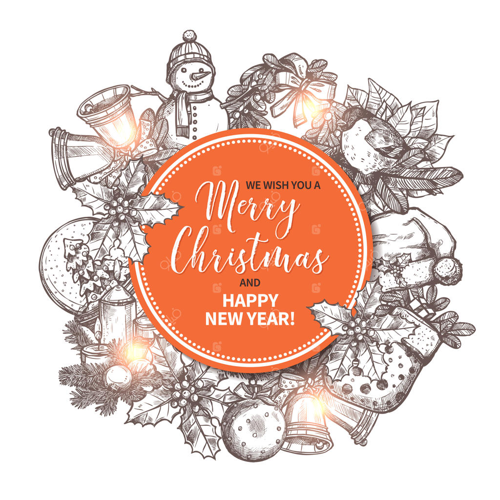 کارت پستال تبریک کریسمس با عناصر دستی و جشن در پس‌زمینه.