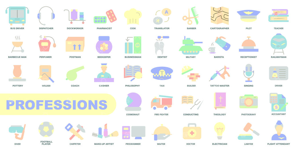 مجموعه آیکون‌های مشاغل مختلف. شغل و حرفه. مجموعه آیکون‌های رنگی.