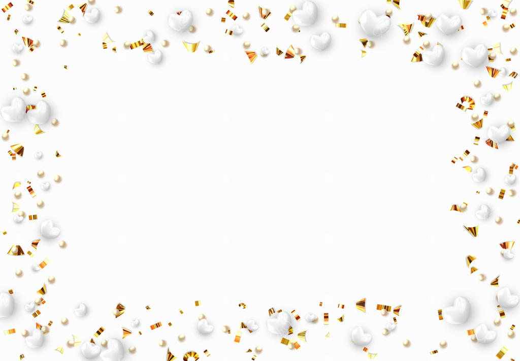 پس‌زمینه‌ای با قلب‌های سفید و مرواریدهای گرد پاشیده‌شده با کاغذ رنگی طلایی.