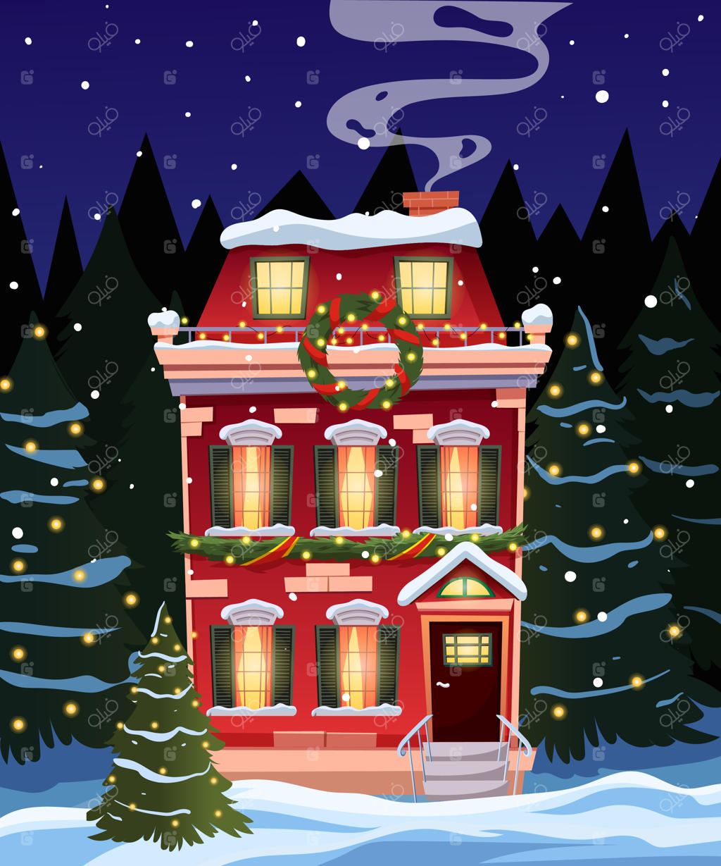 خانه‌ای با تزئینات کریسمس در شب برفی جنگل