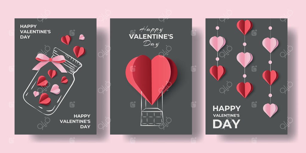 مجموعه پوسترهای روز ولنتاین مبارک: قلب‌های قرمز و صورتی با طراحی سه‌بعدی و تایپوگرافی مدرن. قالب طراحی برای کارت‌های تبریک عشق، وب، شبکه‌های اجتماعی، تبلیغات و استوری‌ها.