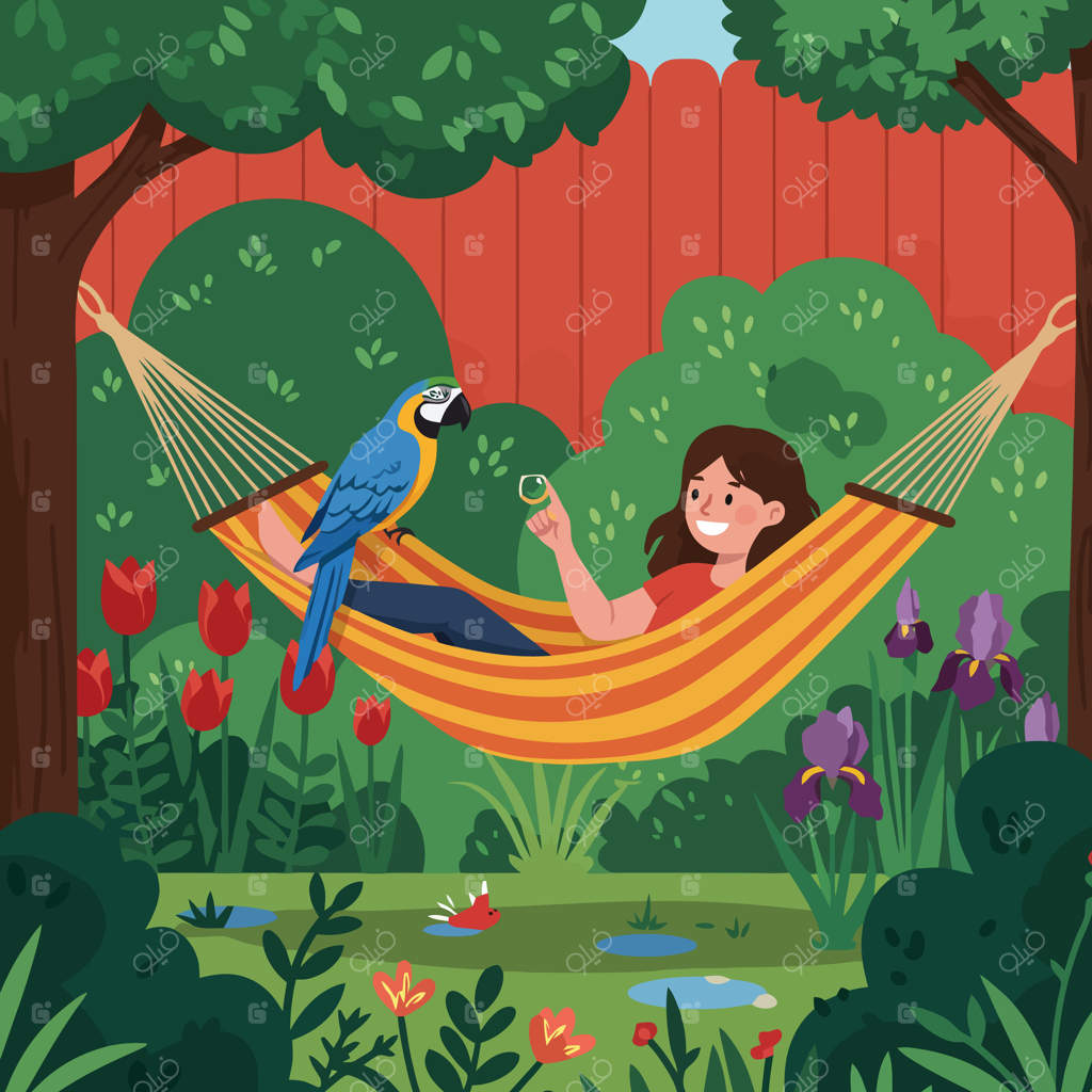 زنی در باغی شگفت‌انگیز در حال استراحت در ننو به همراه طوطی
