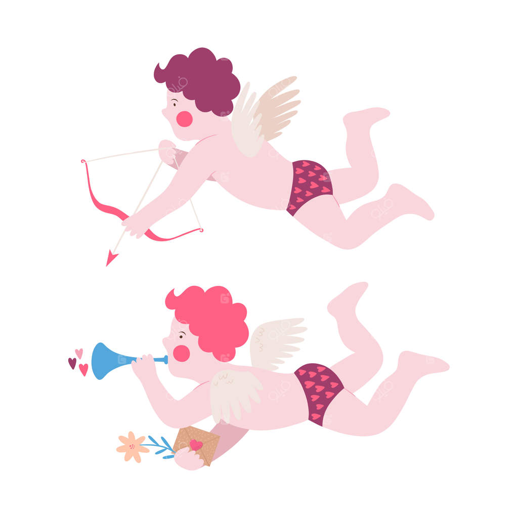 مجموعه‌ای از دو فرشته کوچک پرنده. تصویرسازی برای کارت‌های تبریک روز ولنتاین و عروسی‌ها.