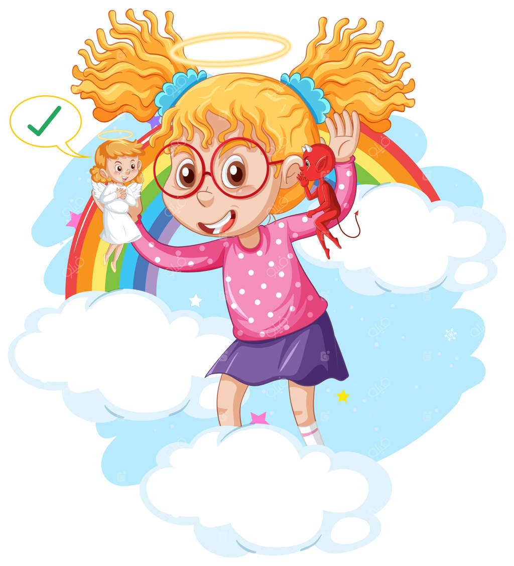 شخصیت کارتونی با شیطان و فرشته در حال جنگ در فکر