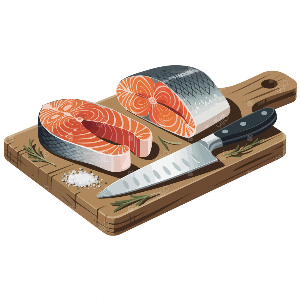 برش های هنری ماهی آزاد صورتی خام با چاقوی آشپزخانه روی زمینه سفید