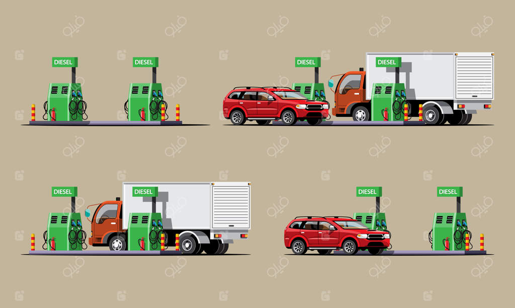 مجموعه‌ای از پمپ بنزین‌ها، خودروها و کامیون‌ها