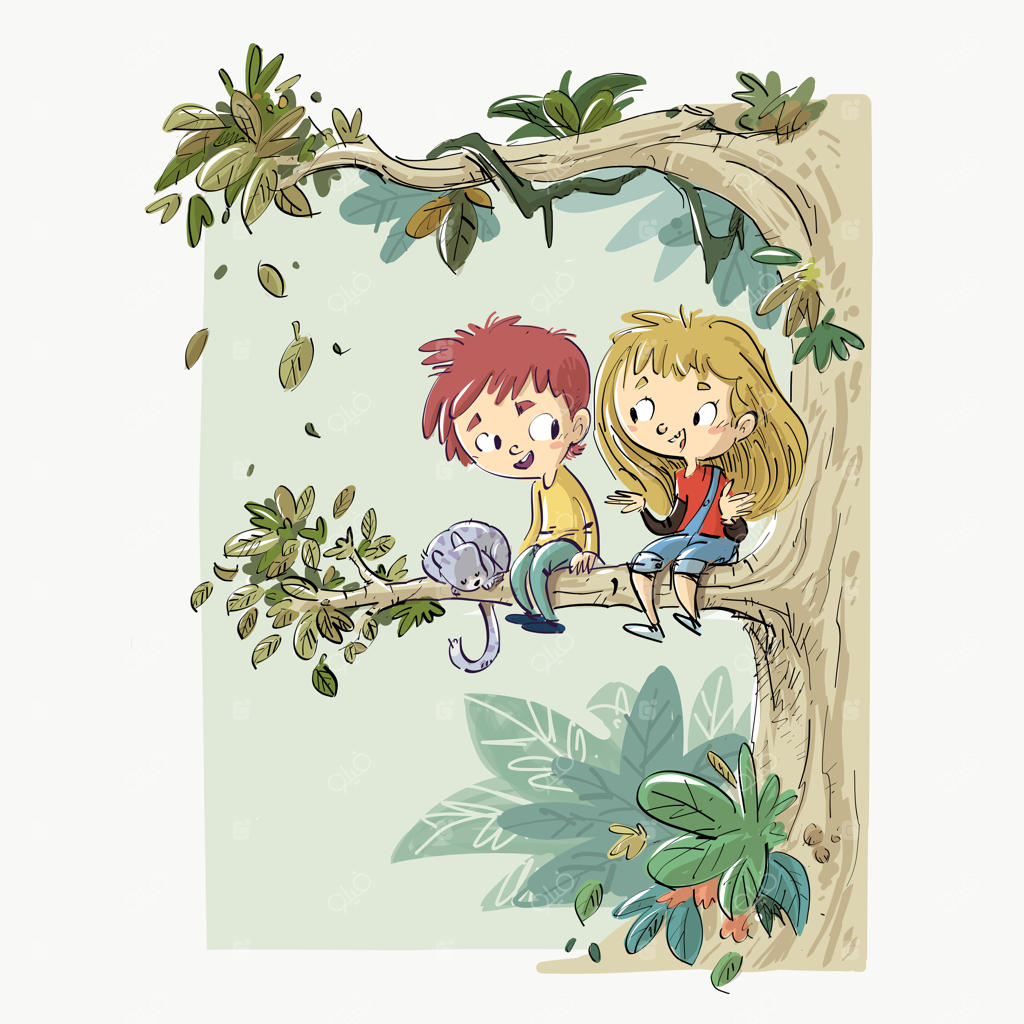 کودکان و گربه در حال نشستن روی درخت