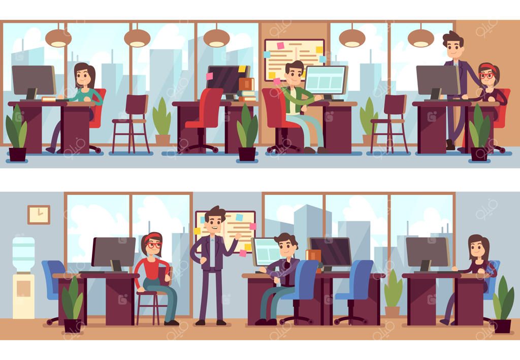 کارمندان تجاری، همکاران در طراحی داخلی دفتر مدرن - تصویر برداری