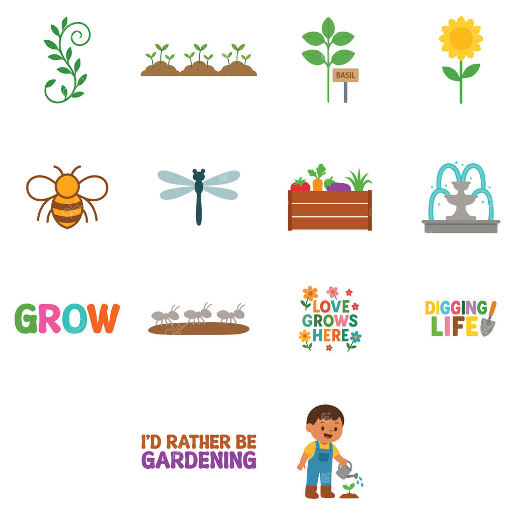 بسته هنری باغ رنگارنگ، کلیپ آرت باغبانی رنگارنگ، طراحی چاپی باغبان