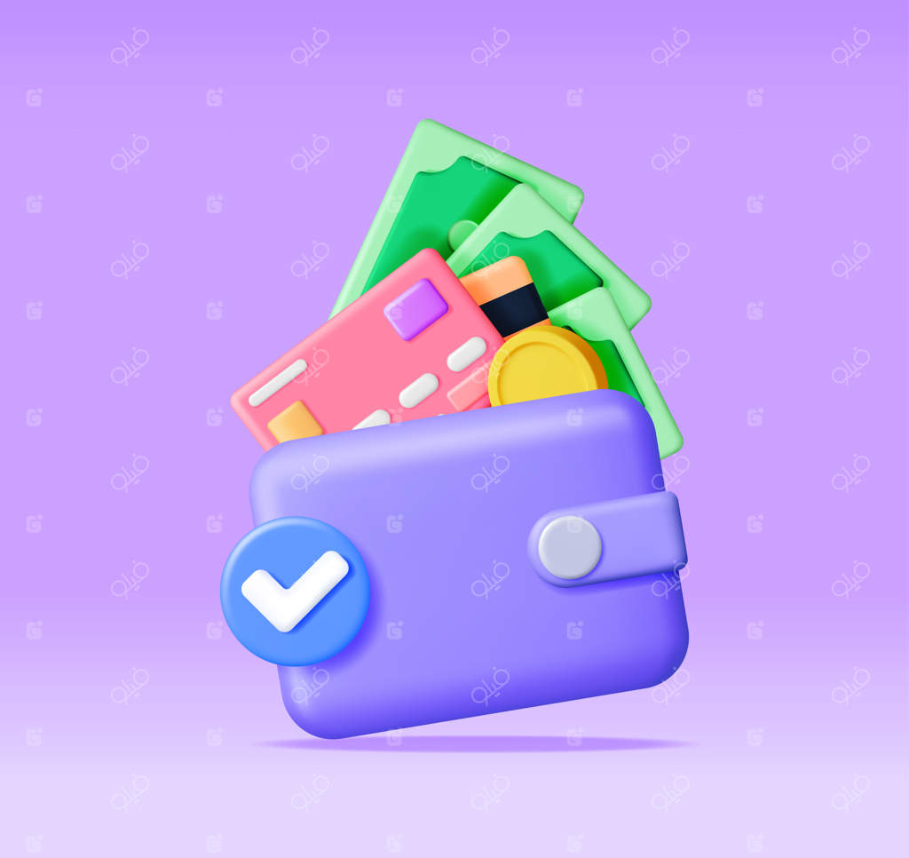 پول سه‌بعدی و کیف پول چرمی با علامت تیک