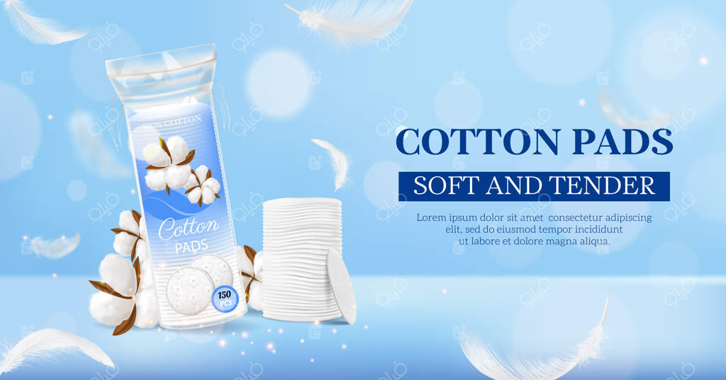 پوستر افقی واقعی پدهای آرایشی: نرم و لطیف با تصویرسازی وکتور