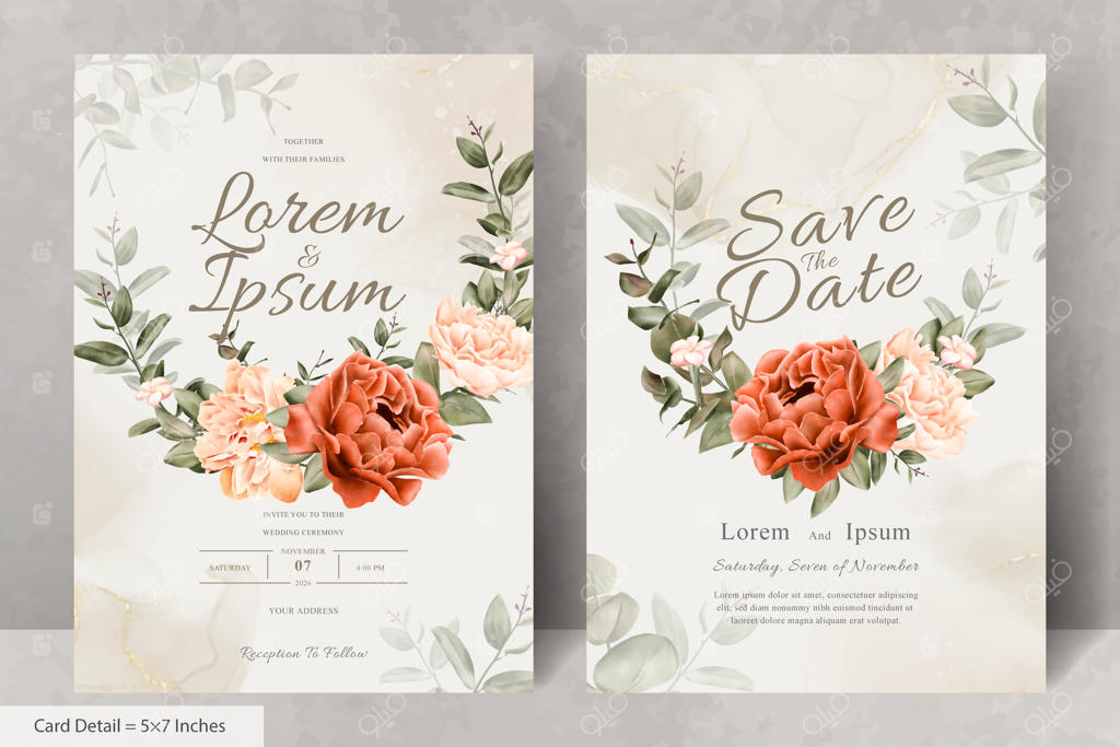 قالب کارت دعوت عروسی با طراحی دستی گل‌ها و برگ‌ها به سبک آبرنگ واقعی