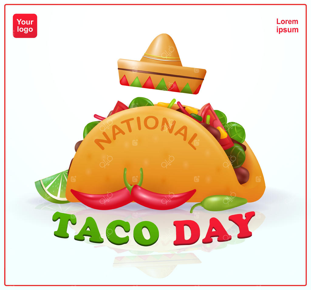 روز تاکو: جشن روز دی دل تاکو در آمریکا و مکزیک، منویی سنتی از فست‌فود لاتین. طراحی سه‌بعدی، مناسب برای رویدادها