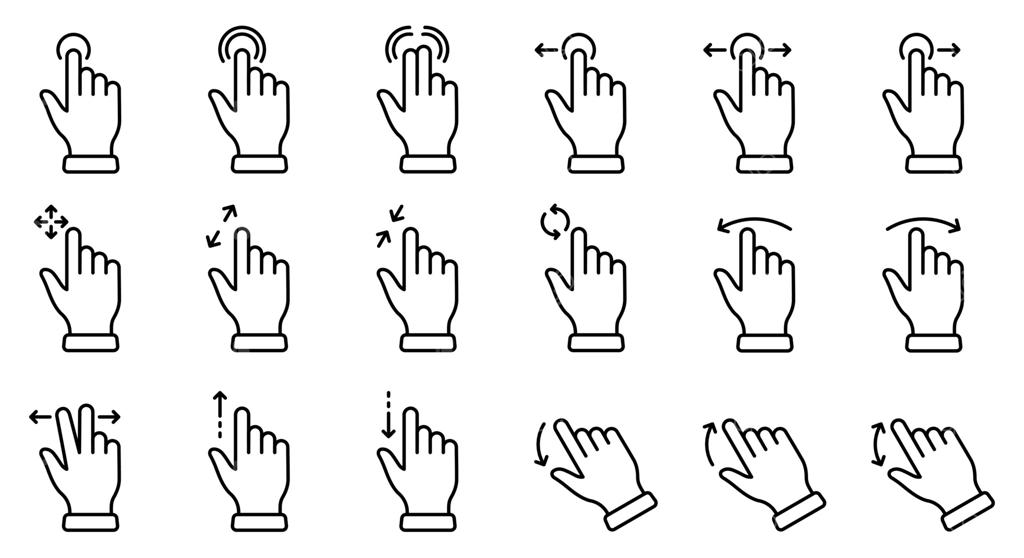 مجموعه آیکون‌های خطی ژست‌های لمسی و اسلاید به چپ و راست؛ پیکتوگرام‌های لمس، سوایپ، جابجایی، زوم دو انگشتی و چرخش روی صفحه با قابلیت ویرایش ضخامت خط (وکتور ایزوله)