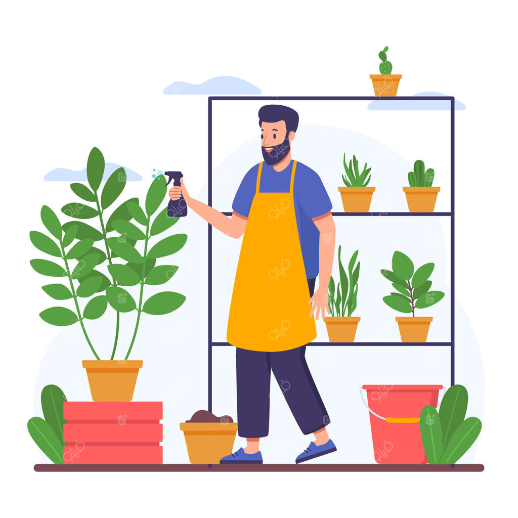 باغبان خوشحال در حال آبیاری گیاهان در باغ گیاه‌شناسی