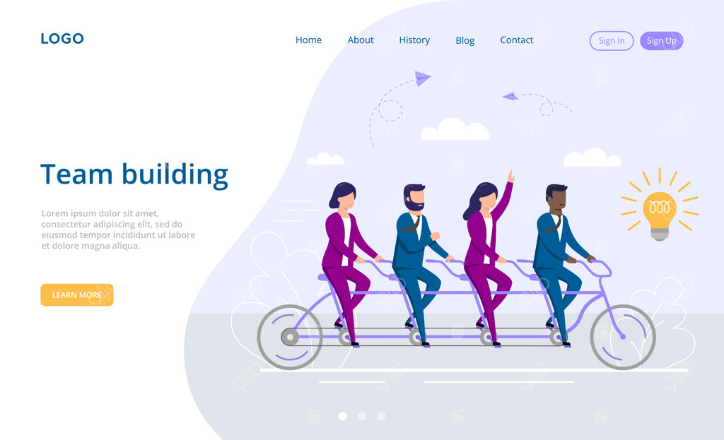 مفهوم شراکت، تیم‌سازی و کار گروهی. شخصیت‌های مرد و زن در حال دوچرخه‌سواری دو نفره به سمت ایده‌ای نو به شکل لامپ. سبک نقاشی رنگارنگ و ساده.