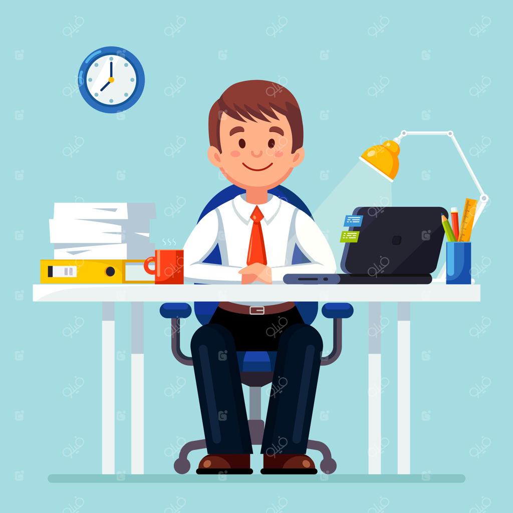 مرد تاجر پشت میز کار می‌کند.