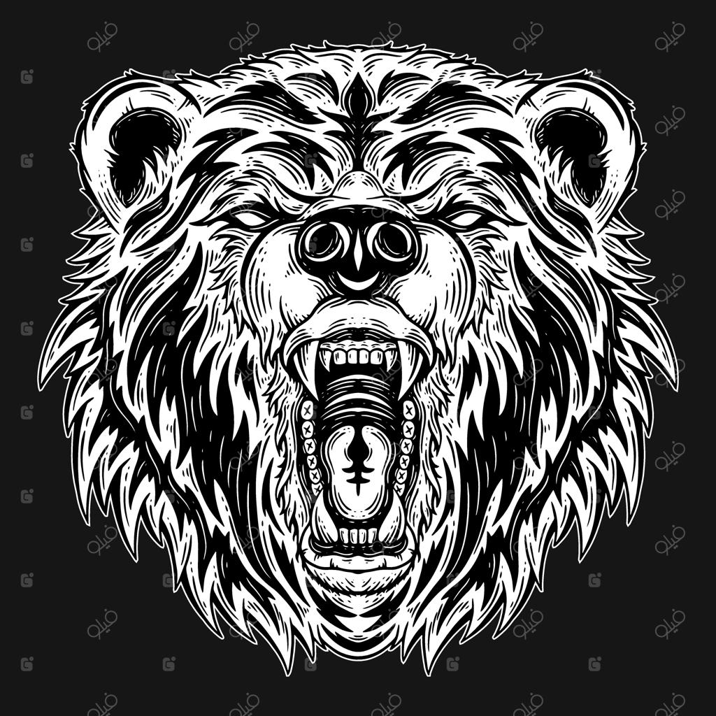 هنر تاریک: سر خرس هیولا طراحی دستی به سبک هاشورزنی