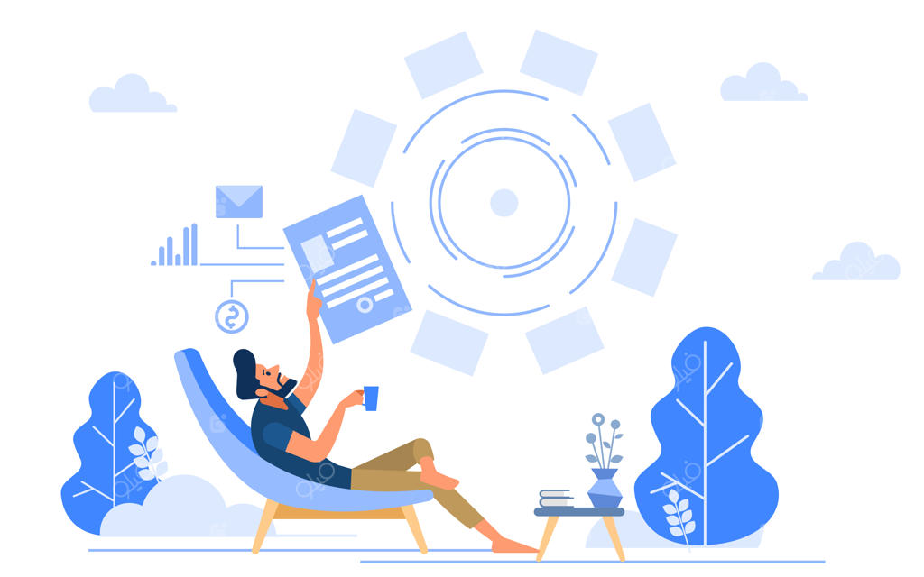 کاهش سرعت کار: فردی در حال فرار از محیط اداری، نشسته با لپ‌تاپ، در حین کار آنلاین و در حال لذت از یک فنجان قهوه، تصویرسازی ساده و شادمانه