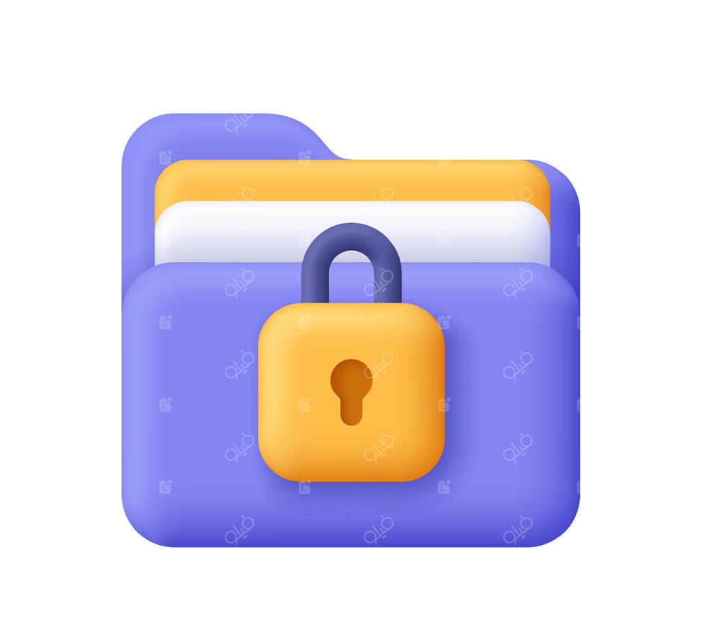 پوشه‌ای با مدارک و قفل: امنیت داده، حفاظت از اطلاعات، مفهوم حریم خصوصی. آیکون سه‌بعدی. سبک کارتونی و مینیمال.
