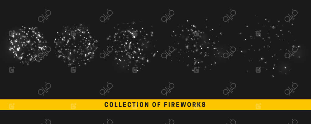 ترجمه عنوان: "جلوه آتش بازی نقره‌ای جشن. نور سفید در پس‌زمینه مشکی. طراحی واقعی. تصویر وکتور"