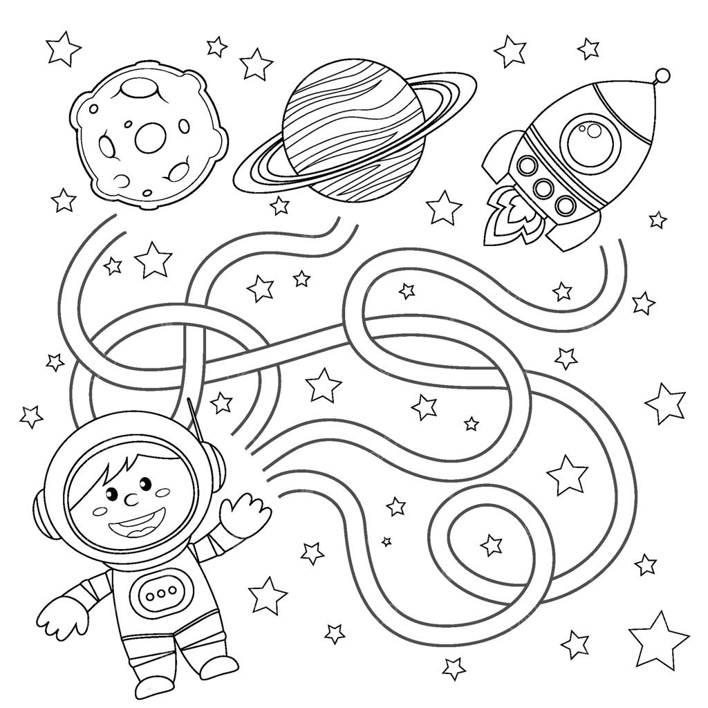 کمک به فضانورد برای پیدا کردن مسیر به موشک. بازی ماز برای کودکان. تصویر سیاه و سفید برای کتاب رنگ‌آمیزی