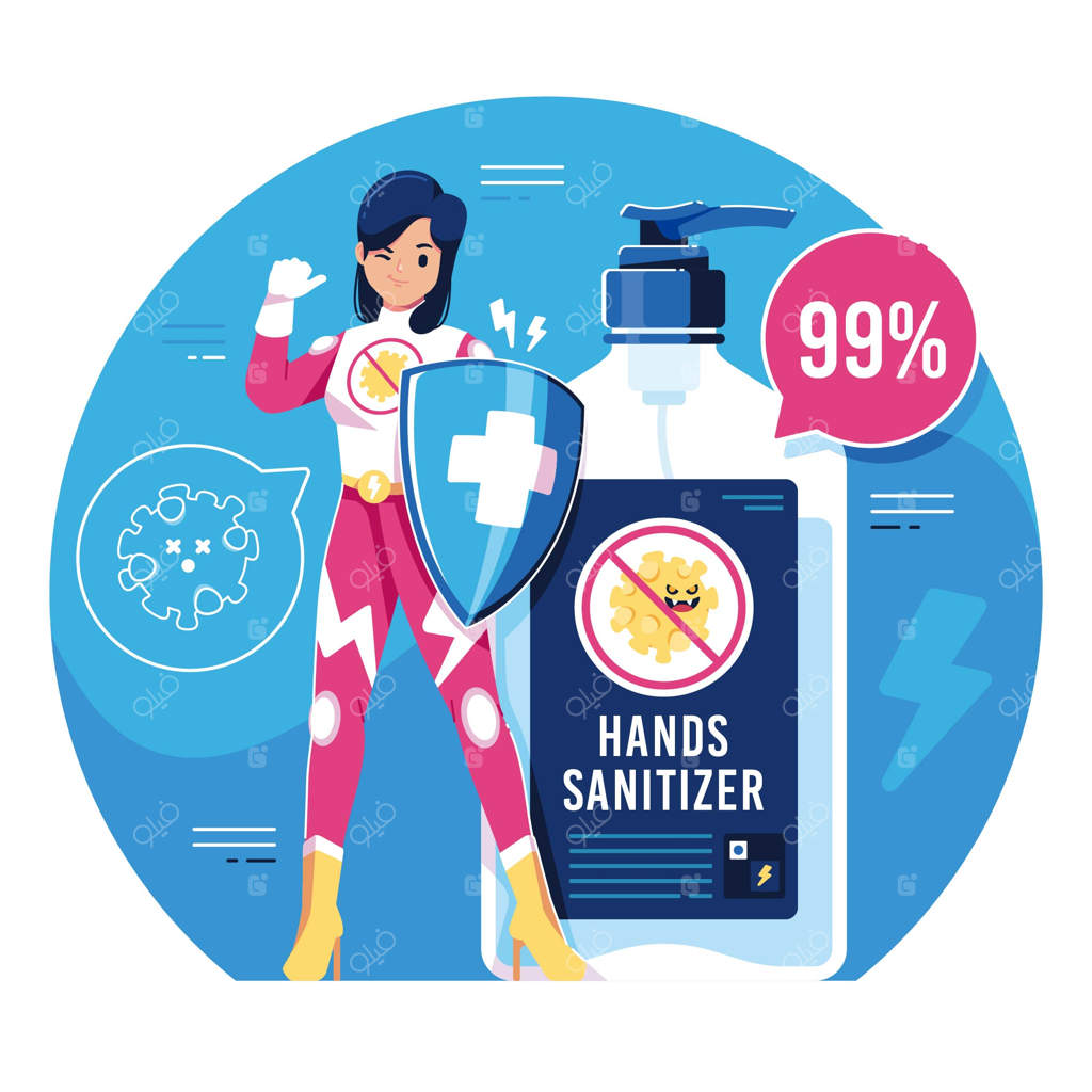 تصویرسازی ضدعفونی‌کننده دست با شخصیتی دخترانه