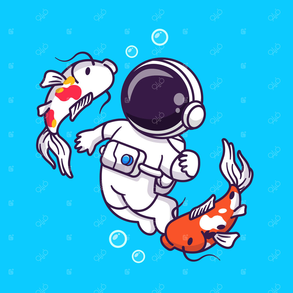 تصویر کارتونی فضانورد دوست‌داشتنی در حال شنا با ماهی‌های کوی. علم و حیوانات به سبک فلت