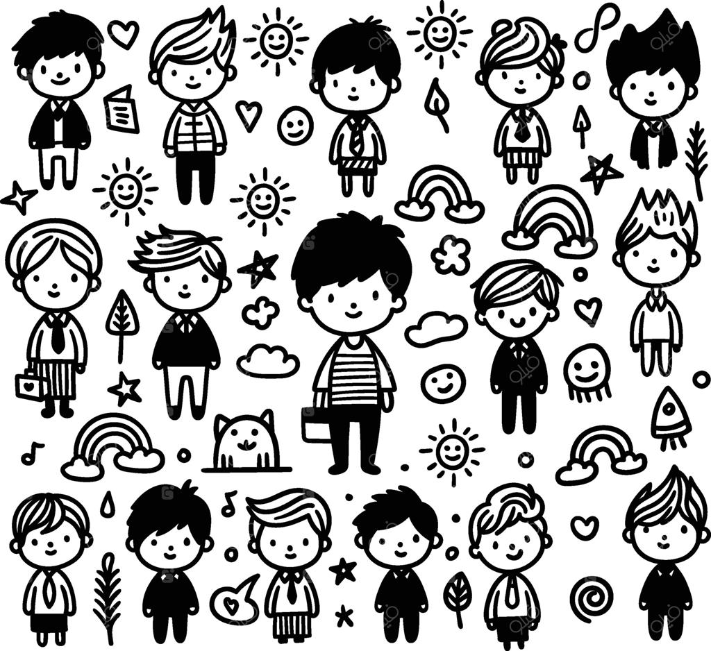 مجموعه چهره‌های طراحی‌شده با دست با احساسات متنوع، مناسب برای محتوای آموزشی و روانشناسی