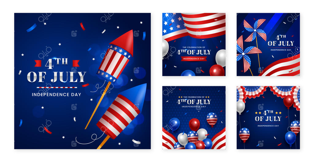 مجموعه پست‌های اینستاگرام با طراحی گرادیان برای چهارم ژوئیه