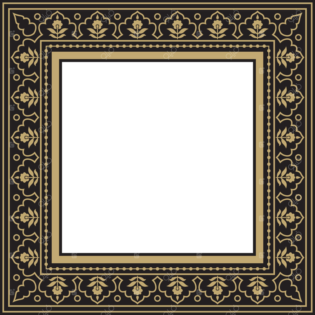 طلا با مربع سیاه و نقش ملی ترکیه. حاشیه و قاب عثمانی. مستطیل گل‌دار قومی، الگوی ترک‌های سلجوقی. تزئین کاخ‌های سلطان.