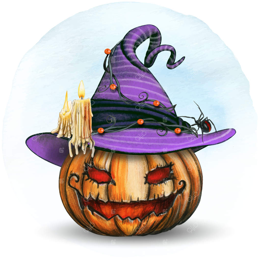 کدو هالووین آبرنگی با کلاه جادوگر绘