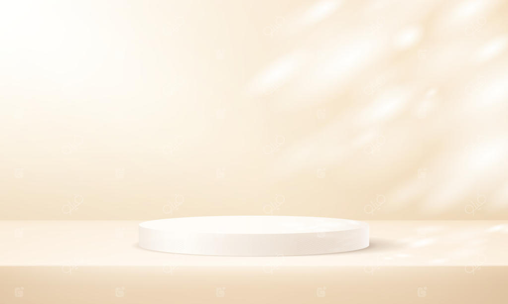 پس‌زمینه استودیوی بژ: فضای سه‌بعدی بژ با سکوی نمایش. اتاق خالی با سایه برگ‌ها. فضایی برای فروش محصولات در وبسایت. صحنه گرد برای ارائه محصولات. تصویرسازی.