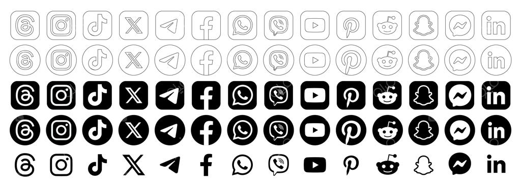 آیکون‌های سیاه شبکه‌های اجتماعی اینستاگرام، تیک‌تاک، فیس‌بوک، واتس‌اپ، ایکس، توییتر، یوتیوب و تلگرام