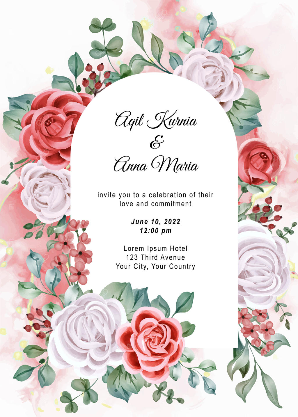 کارت دعوت عروسی با طرح گل رز آبرنگی و طراحی شیک