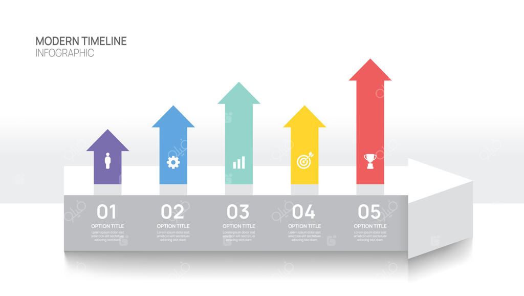 الگوی اینفوگرافیک خط زمان با نماد پیکان: پنج مرحله تا موفقیت در کسب‌و‌کار.